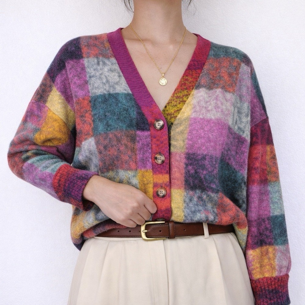 BiBi Colorblock Patchwork Plaid Jacket Womens M Maximalist Cozycore Oversized